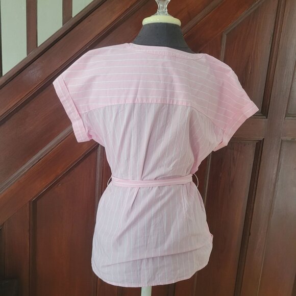 Talbots Womens Pink & White Striped Button-Down Blouse With Belt - Size M - Picture 3 of 4
